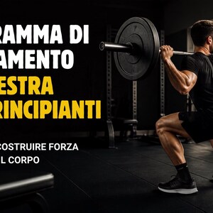 Op de afbeelding: Een digitale afbeelding met de tekst PROGRAMMA DI ALLENAMENTO IN PALESTRA PER PRINCIPIANTI en 3 GIORNI PER COSTRUIRE FORZA E TONIFICARE IL CORPO, met een persoon in zwarte sportkleding die een barbell squat uitvoert in een sportschool.