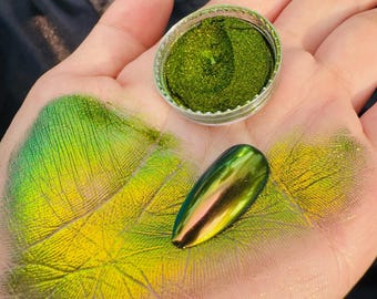 Citrus Lime Multichrome Nail Powder, Green Gold Color Shift Chrome Pigment, Chameleon Aurora Mirror Powder C01