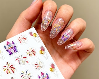 Fireworks Castle Nail Stickers | Fantasy Theme Park Balloon Nail Art Decals | Fairytale Nails for Parties, Festivals & Celebrations