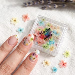 May include: A clear plastic container filled with colorful dried flowers, with the text "Starry nails" on the front. Several small dried flowers are scattered around the container. The image also shows a hand with floral nail art.