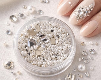 Nail Art-decoraties – gemengde metalen bedels, parels en strassteentjes | 3D-versieringsset met edelstenen voor doe-het-zelfmanicure， Druknagels
