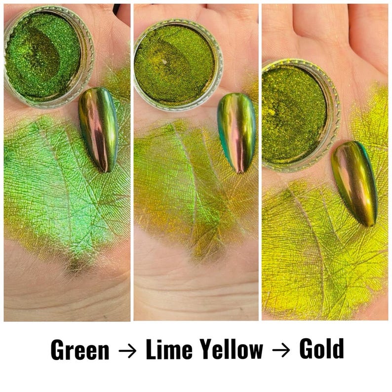 Citrus Lime Multichrome Nail Powder, Green Gold Color Shift Chrome ...