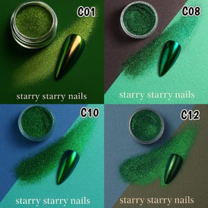 May include: Four images showcasing green nail art supplies. Each image features a jar of green powder, a polished nail, and the text "starry starry nails." The backgrounds are various shades of green and blue.