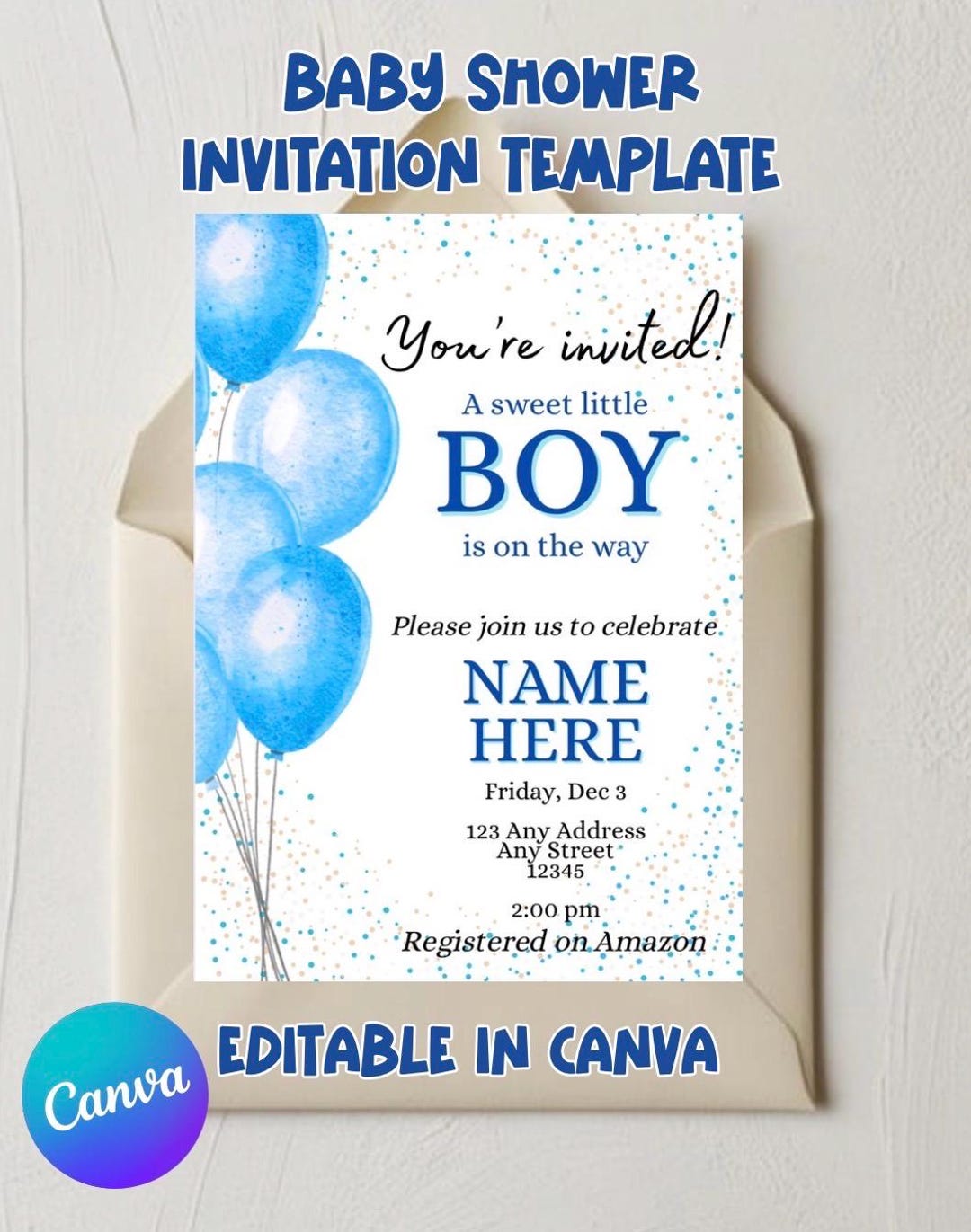 Boy Baby Shower Invitation | Blue Balloon Theme | Editable Canva ...
