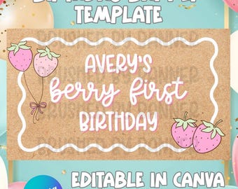 Berry First Birthday Banner Template | Editable Digital File | Kids Party Decoration