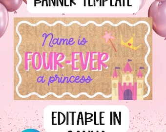 Prinzessin 4. Geburtstag Banner Vorlage: Bearbeitbares Canva Design (Digitaler Download)