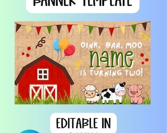 Modello di striscione di compleanno per fattoria, animali da cortile (modello Canva modificabile)