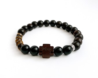 Pulsera de madera con cruz de ébano APLLO de 8 mm para hombre