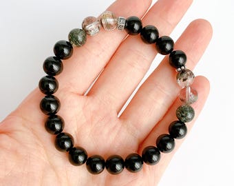 Pulsera de hombre con piedras preciosas de cuarzo jardín y turmalina negra APLLO 3A+