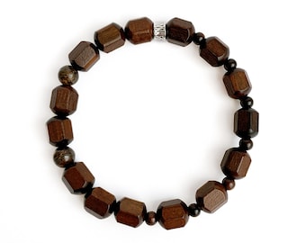 Pulsera APLLO de madera de azufaifo y broncita con forma de hexágono grande, efecto rayo, para hombre.