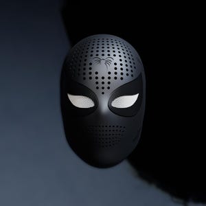 May include: A black mask with a perforated top and white mesh eye coverings. The mask features a spider emblem and small perforations around the mouth area. The mask is designed to resemble a superhero mask.