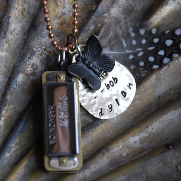 Forever Young Bob Dylan, Hand Stamped Harmonica Necklace