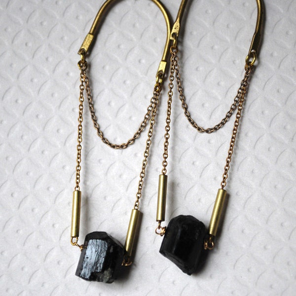 Raw Black Tourmaline Earrings on Vintage Brass