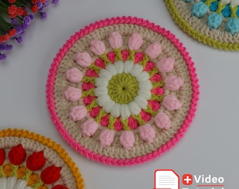 CROCHET PATTERN & VIDEO/ Crochet Tulip Flower Coaster, Easy-To-Follow Tutorial, floral motif for mug