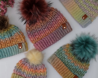 CROCHET PATTERN, Puff Stitch Winter Hat, Crochet Beanie Pattern, Easy Crochet Hat in Baby to Adult Sizes, Instant download PDF & Video