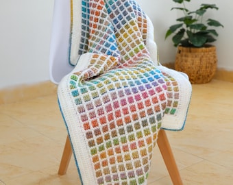 PATRÓN Y VIDEO DE CROCHET, Manta de ganchillo con mosaico de cuadrícula, Patrón de ganchillo con mosaico superpuesto, Manta decorativa de mosaico en 6 tamaños, Decoración del hogar, PDF
