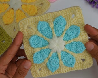 3D Daisy Granny Square Crochet Pattern PDF – Easy crochet Flower Motif Block for Beginners – Retro Blanket, Bag or Home Decor Tutorial