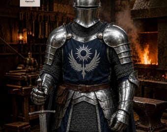 Armadura de caballero de acero plateado hecha a mano, traje completo, capa de cruzado ponible.