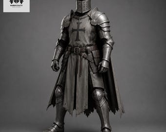 Conjunto de armadura de caballero cruzado medieval / Gran yelmo templario / Armadura de guerrero de acero lista para la batalla para LARP y cosplay