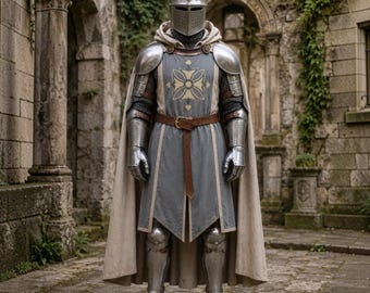 Conjunto de armadura de caballero cruzado medieval / Casco templario de acero ponible / Tabardo y capa para disfraz de feria renacentista de LARP