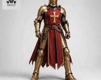Conjunto de armadura de caballero templario / Traje completo de cruzado hecho a mano, tabardo rojo (disfraz de cosplay)
