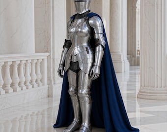 Conjunto de armadura de caballero medieval para mujer, traje completo de acero con capa azul, disfraz renacentista para LARP y cosplay.