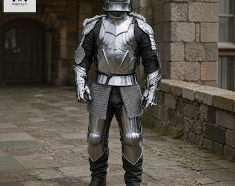 Conjunto de armadura de caballero alemán de acero pulido / Disfraz de cosplay medieval gótico de placas completas