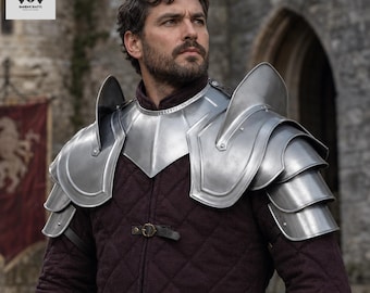 Hombreras y gorguera de acero medieval hechas a mano / Placas de hombro aladas, disfraz de cosplay