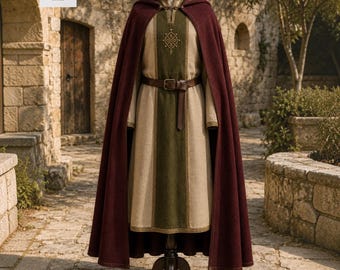 Conjunto de túnica y capa de mago medieval con capucha / Atuendo de feria renacentista / Túnica de cosplay de explorador, druida y mago para LARP