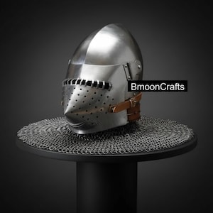 Wearable Hounskell Bascinet | Pig Face Knight Helmet with Chainmail Aventail | 18G Steel Armor for LARP Cosplay