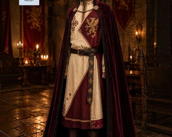 Conjunto de capa y túnica de terciopelo de Noble Royalty / Disfraz de sobrevesta y capa de caballero heráldico medieval para cosplay