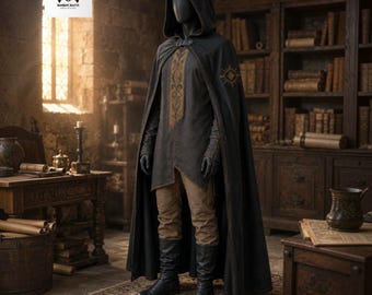 Conjunto de túnica con capa y capucha negra / Disfraz de guardabosques medieval de fantasía para cosplay, atuendo para LARP