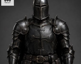 Conjunto de armadura completa de acero ennegrecido de cruzado Paladín Oscuro / Disfraz de cosplay de caballero templario gótico