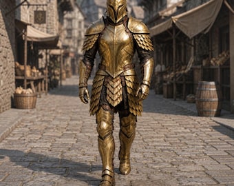 Conjunto de armadura de caballero dorado / Disfraz medieval de acero hecho a mano de cuerpo completo (Cosplay, LARP)
