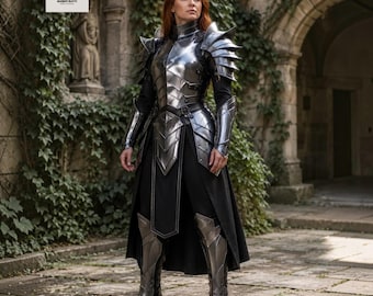 Conjunto de armadura de placas de fantasía oscura para mujer / Traje de caballero gótico de guerrera medieval Valkiria de acero calibre 18