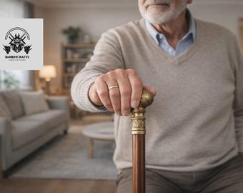 Handcrafted Wooden Walking Cane with Ornate Brass Handle - Elegant Mobility Aid
