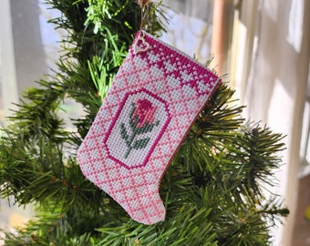 Pink Rosebud On A Stocking, Hand Stitched Ornaments