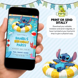 May include: A digital birthday party invitation displayed on a smartphone screen featuring a blue cartoon character floating in a yellow and white striped inner tube in a swimming pool. The text reads Daniel's Birthday Party, 25 August, 2030.