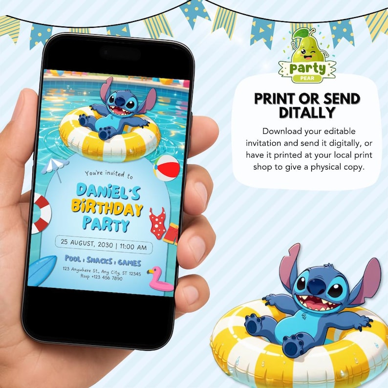 May include: A digital birthday party invitation displayed on a smartphone screen featuring a blue cartoon character floating in a yellow and white striped inner tube in a swimming pool. The text reads Daniel's Birthday Party, 25 August, 2030.