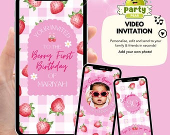 Strawberry Birthday Invitation Video | Animated Strawberry Birthday Invite | Pink Girl Strawberry Party | Editable Canva Template