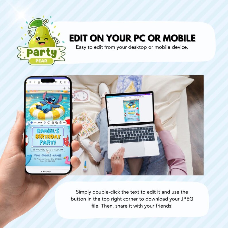 Editable Stitch Pool Party Invitation, Kids Birthday Pool Invite Canva Template, Digital Download image 6