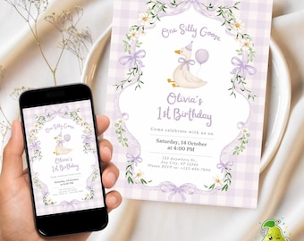 One Silly Goose 1st Birthday Invitation Printable, Editable Canva Template, Purple Goose Invite, First Birthday Girl Party Invitation