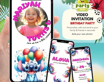 Aloha Stitch Birthday Invitation Video, Pink Stitch Invite, Editable Canva Template, Kids Birthday Video Invite With Photo