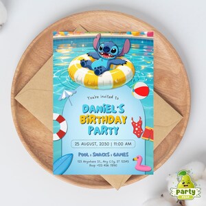 May include: A rectangular birthday party invitation card featuring a blue character in a yellow and white striped pool float on water. The text reads: You're invited to DANIEL'S BIRTHDAY PARTY, 25 AUGUST, 2030 | 11:00 AM, POOL, SNACKS, GAMES, 123 Anywhere St., Any City, ST 12345, Rsvp +123 456 7890.