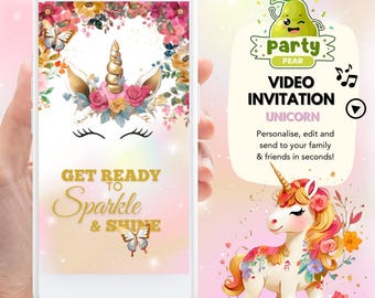 Animated Pink Unicorn Birthday Invitation | Editable Canva Template | Floral & Butterfly Unicorn Video Invite for Kids