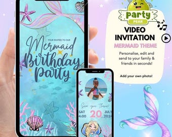 Animated Mermaid Birthday Video Invitation | Editable Canva Template | Instant Digital Download | Mermaid Party Video Invite for Kids