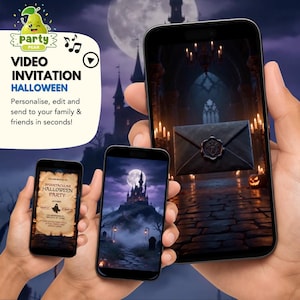 May include: Three smartphones displaying a Halloween video invitation. The screens show a dark castle, a black envelope with a wax seal, and a parchment-style invitation with the text SPOOKTACULAR HALLOWEEN PARTY. The logo PARTY PEAR is visible.