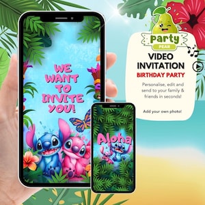 May include: Two smartphones displaying a birthday party invitation. The larger phone shows a blue and pink cartoon character design with the text "WE WANT TO INVITE YOU!". The smaller phone shows the word "Aloha" and a similar character design. A pear character is featured in the upper right.