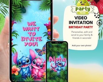 Animated stitch and angel Birthday Video Invitation | Editable Canva Template | Instant Digital Download |  Party Video Invite for Kids