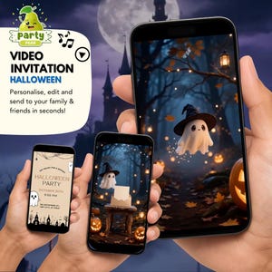 May include: Three smartphones displaying a Halloween-themed digital video invitation. The screens show a cute ghost wearing a witch hat in a dark forest with pumpkins, a castle, and text reading HALLOWEEN PARTY, OCTOBER 30TH, 9:00 PM.